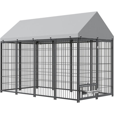 Large Dog Kennel Outside With Feeding, Heavy Duty Outdoor Dog Run Cage With Cover & Lock, Outdoor Pet Enclosure Fence For Yard With Roof (7.94'l X 4.1