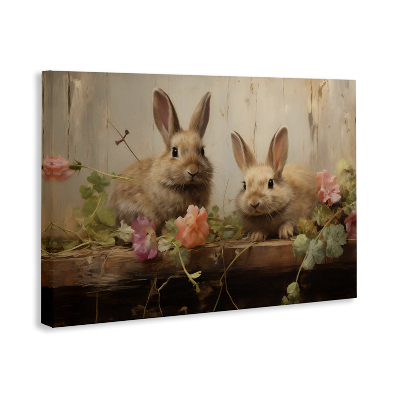 Art mural sur toile, "Lapins de Pâques avec fleurs de jardin", design par Arlington Prints, H 16 po x l 24 po