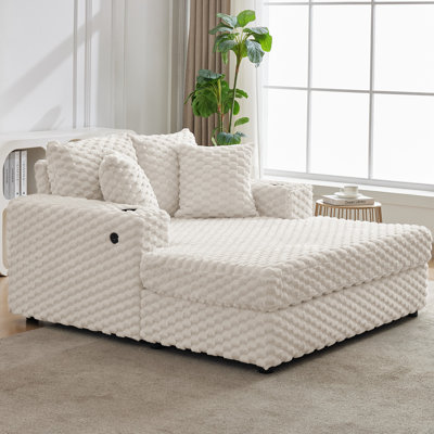 Chaise longue surdimensionnée de 60 po avec porte-gobelet, canapé-lit rembourré avec accoudoirs, coussins décoratifs, fauteuil de lecture moderne, confortable, avec USB, type C, coquille de charge, velours beige