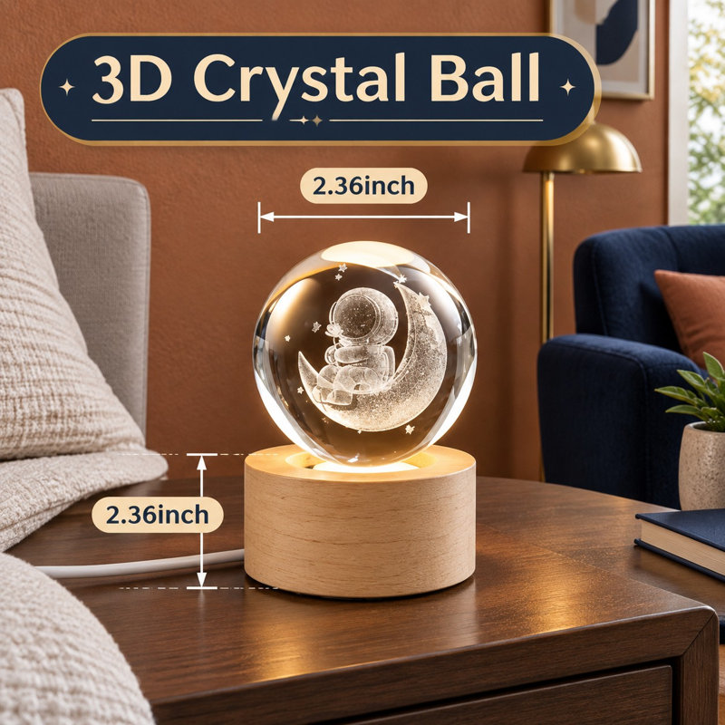 A moon motif fills this 3D crystal orb light on a wooden stand, paired with an adjustable LED; at 6cm / 2.4”, it works as a bedside, desk, or bedroom accent and birthday present for children, teens, and grown-ups.