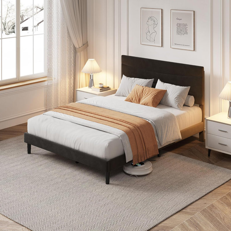 Queen Size Bed Frame with Headboard, Velvet Upholstered Platform Bed Frame No Box Spring Needed with Under-Bed Storage and Strong Wood Slats Support, Noise Free, Easy Assembly, Black