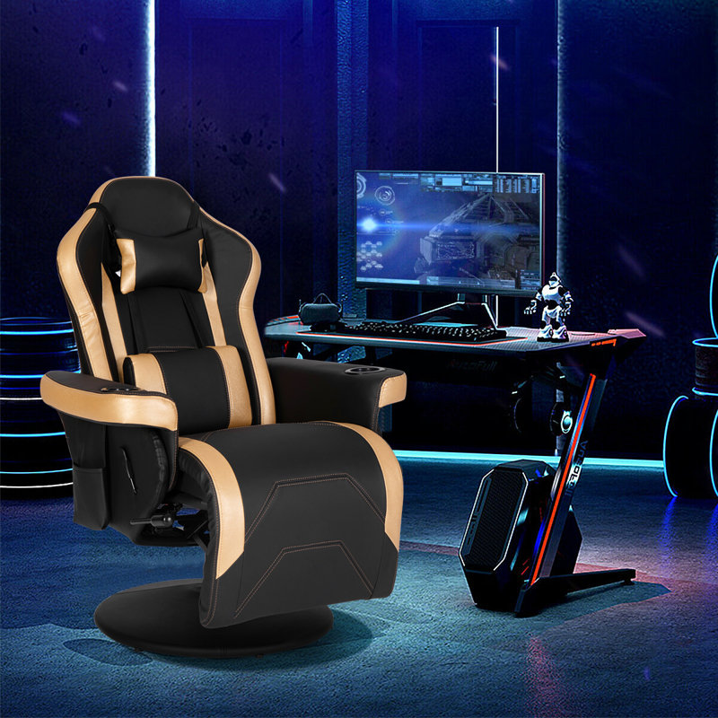 Inbox Zero Reclining Ergonomic Swiveling PC & Racing Game Chair with Footrest, Black/Gold
