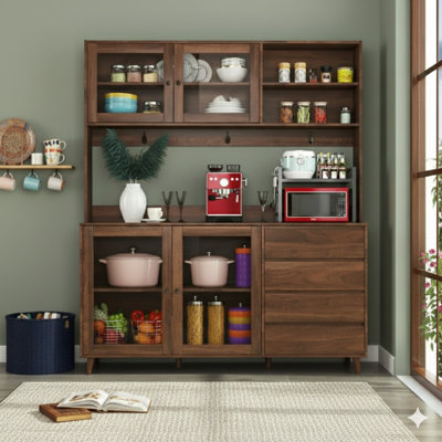 63-Inch Wide Large Kitchen Hutch Cabinet, Standalone Pantry Storage Kitchen Cupboard With Four Doors, Four Drawers, And Microwave Shelf, In Walnut