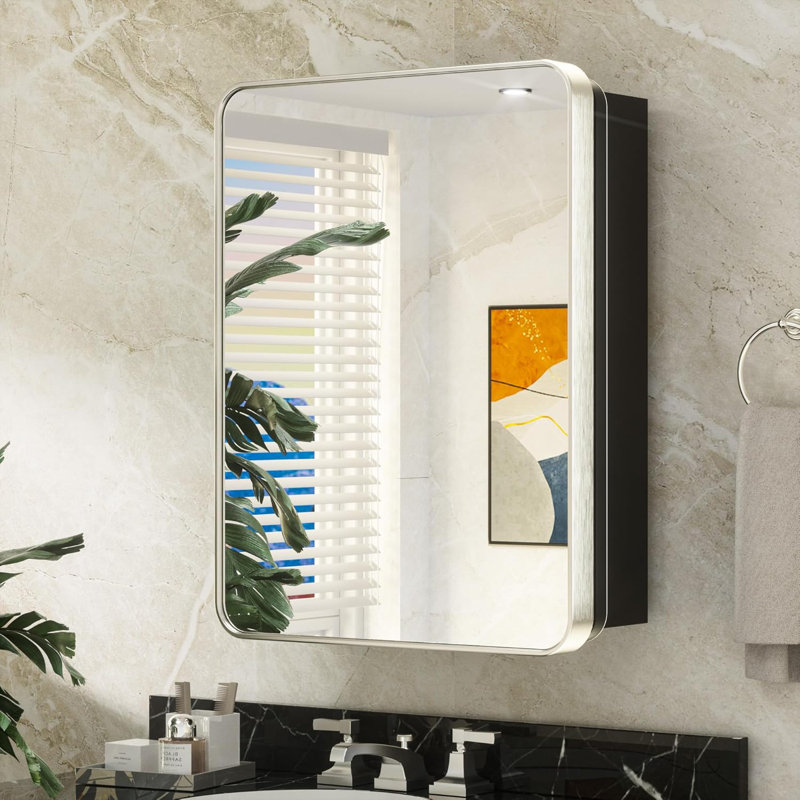 Armoire à pharmacie en nickel brossé pour salle de bain avec miroir, cadre en acier inoxydable, tablettes réglables, encastré ou mural, conception rectangulaire arrondie, fabrication durable