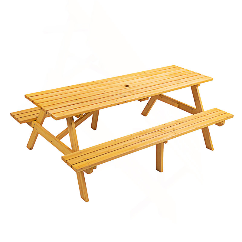 8 Person Picnic Table, Outdoor Camping Dining Table With 2 Built-In Benches, Yellow