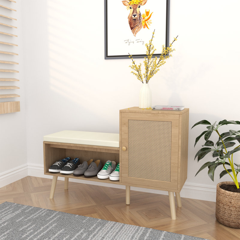2-In-1 Shoe Storage Bench, PP Rattan Shoe Cabinet With 2 Adjustable Shelves And Removable Seat Cushion, Modern Entryway Bench, Shoe Storage Organizer, Shoe Rack For Hallway, Bedroom
