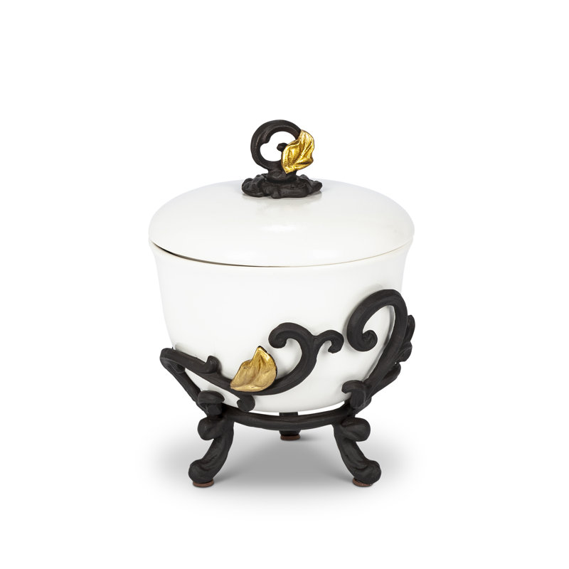 White Stoneware Lidded Bowl with Metal Gold Leaf Base.
