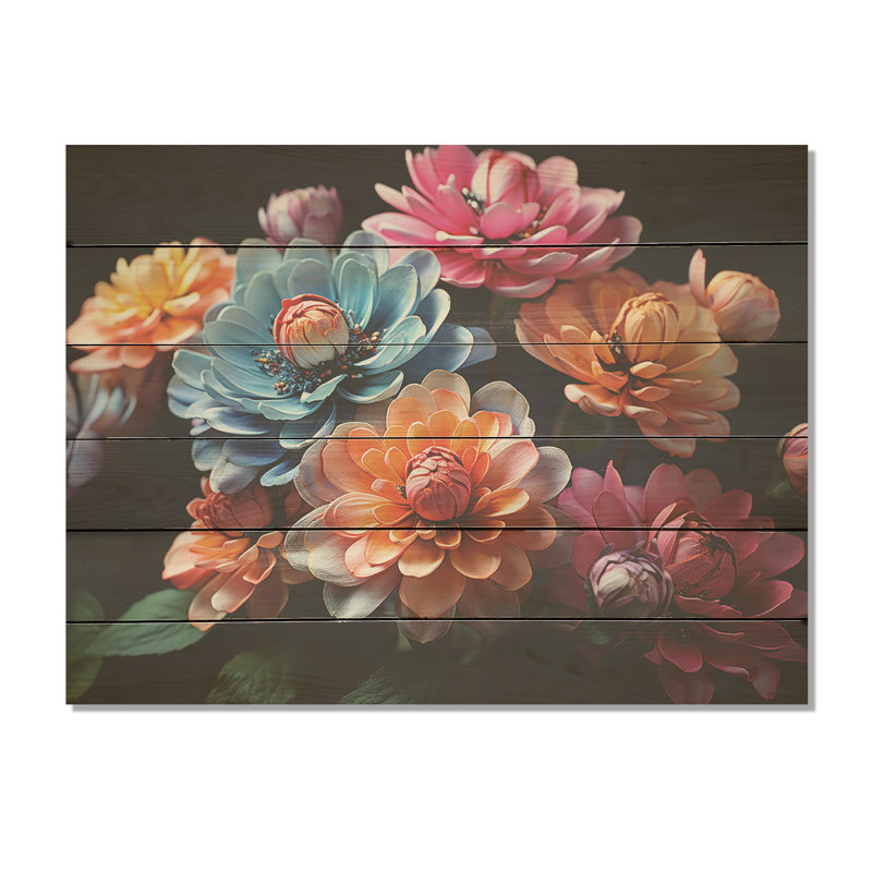 Zinnias illuminé au clair de lune - panneau de bois Zinnias, art mural sur bois de pin naturel, H 24 po x l 32 po