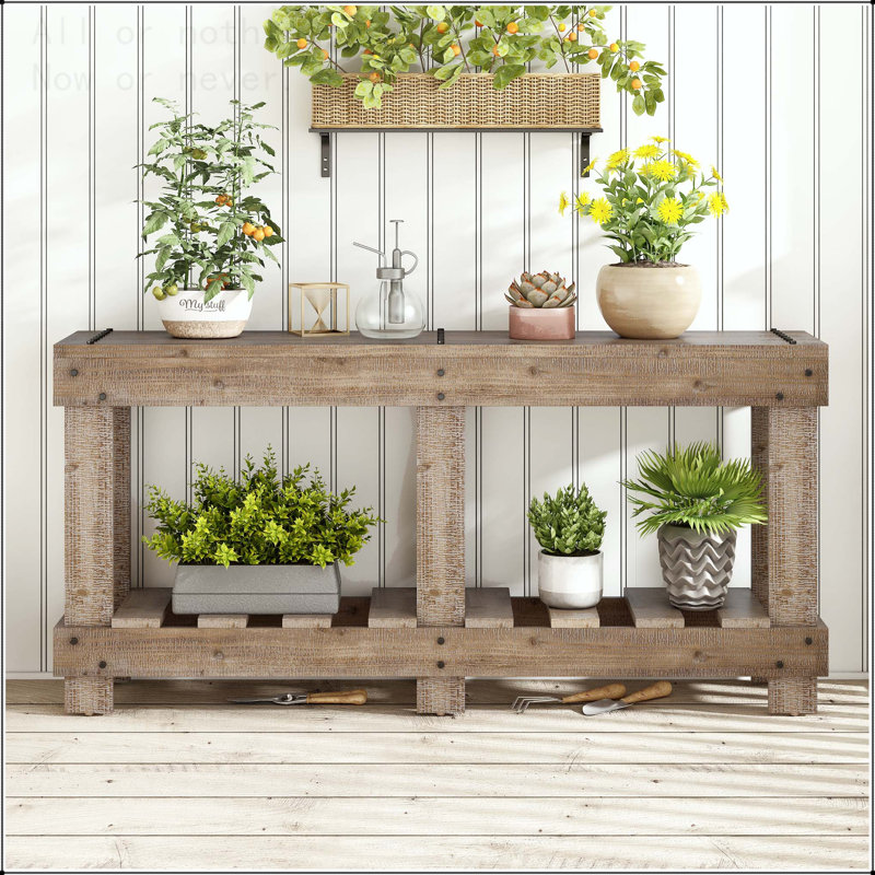Vintage Entryway Table with Solid Cedar Wood and Metal Rivets, Natural