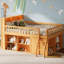 Lit mezzanine double en bois surélevé pleine grandeur, naturel chaleureux avec tête de lit à DEL intégrée et rangement intégré pour les chambres d'enfants