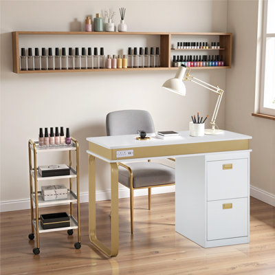 Makeup Vanity Desk with Pull Out Organizer, Nail Desk with Built-In Power Outlets