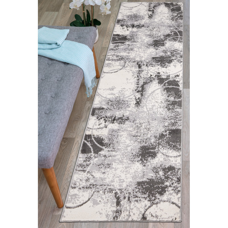 Tapis abstrait gris / blanc Demeri, Tapis de couloir 2 pi x 7 pi