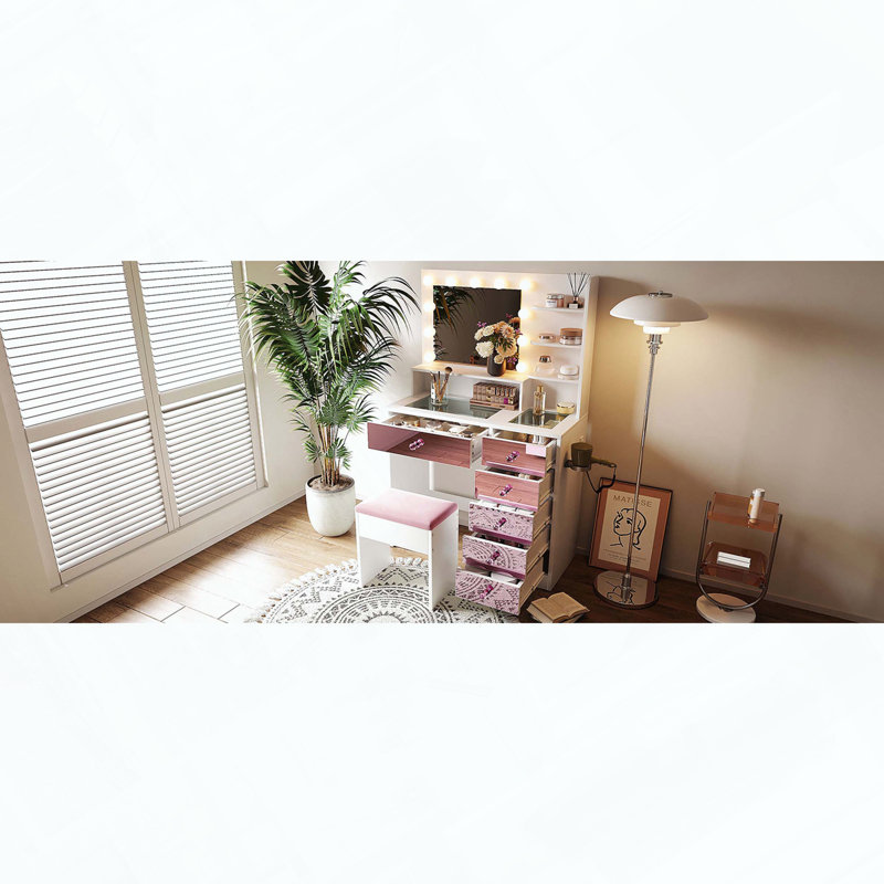 Bureau de coiffeuse avec plateau en verre, 11 ampoules Hollywood, tiroirs roses, tablettes et tabouret