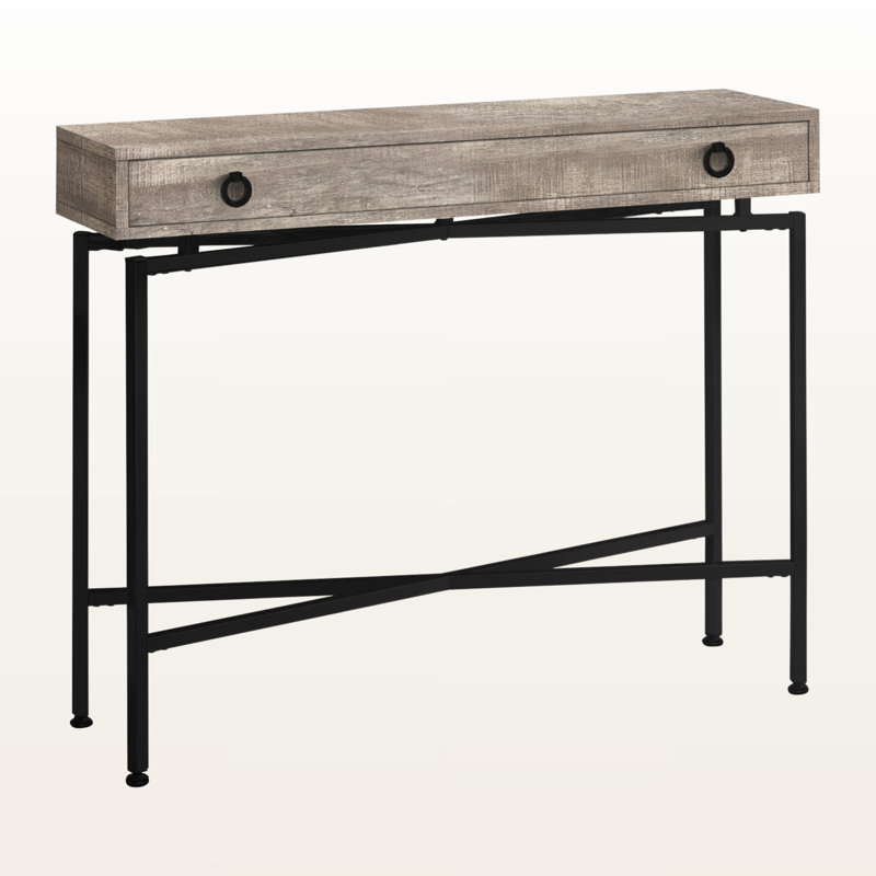Table d'appoint à 1 tiroir au fini taupe avec pattes en métal noir H 32,25 po x l 42,24 po x P 11,79 po