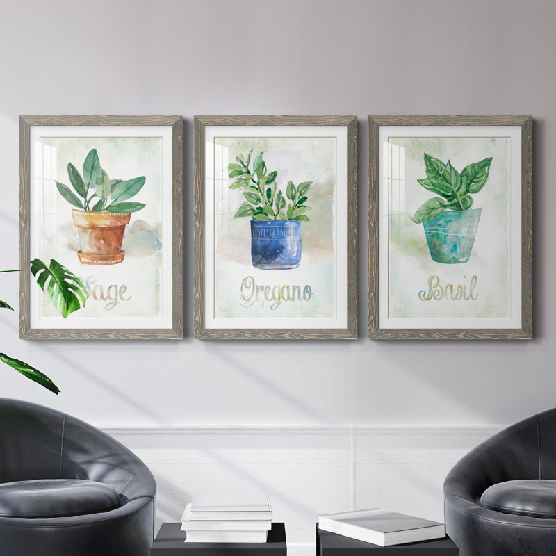 Basilic en pot - ensemble de 3 cadres photo, H 20 po x l 51 po x P 1,5 po, Gris