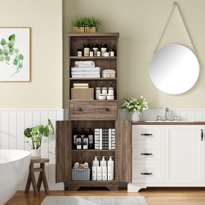 70.9" Freestanding Bathroom Cabinet with 2 Drawers & Open Shelves, Wooden Storage Cabinet