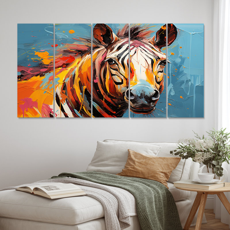 Popart bleu zébré I - décoration murale animaux - 5 panneaux égaux