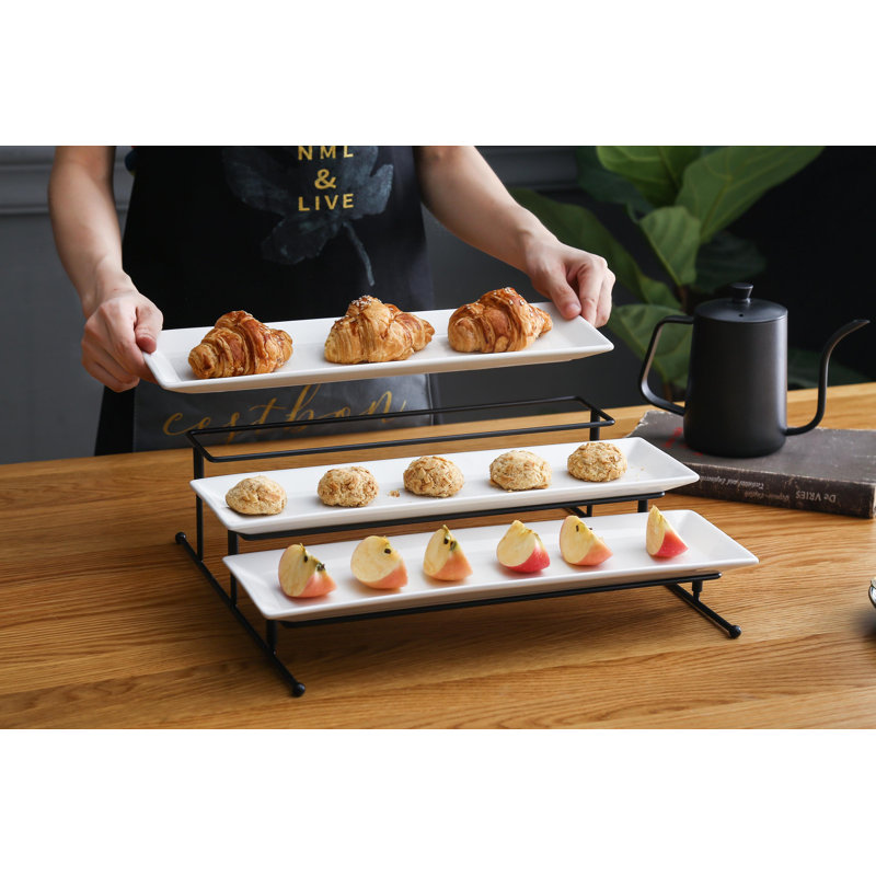 Support à assiettes pliable à 3 niveaux avec assiettes - Plateau de service à gâteaux à 3 niveaux