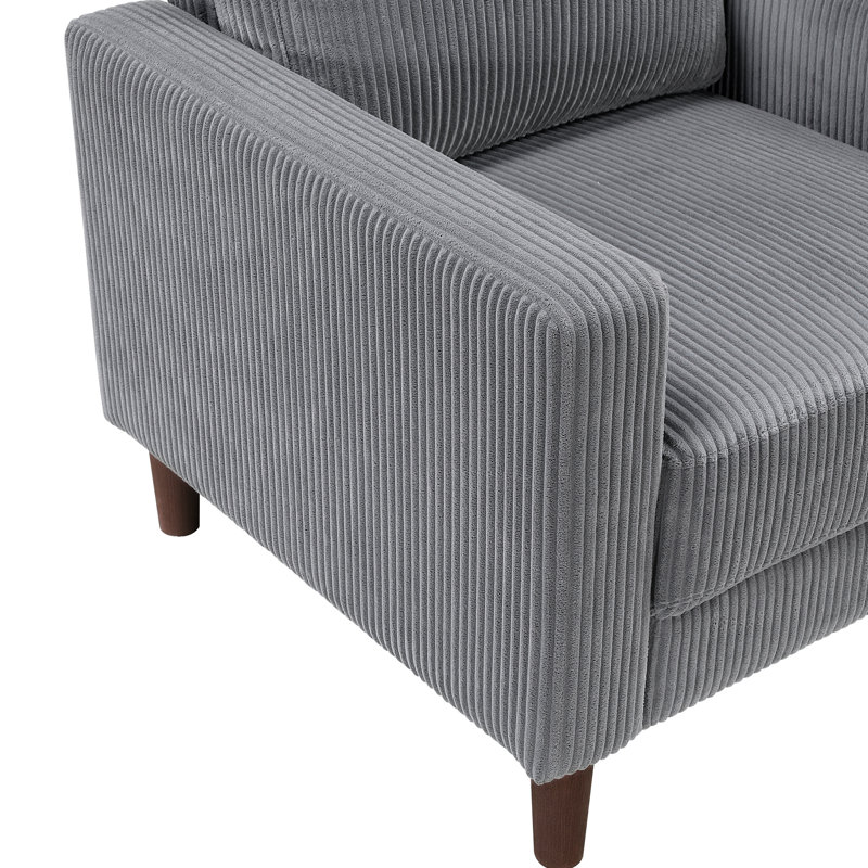 Chaise en velours côtelé gris moderne avec dossier rembourré et structure en bois massif, coussin confortable en contreplaqué exposé pour la chambre à coucher