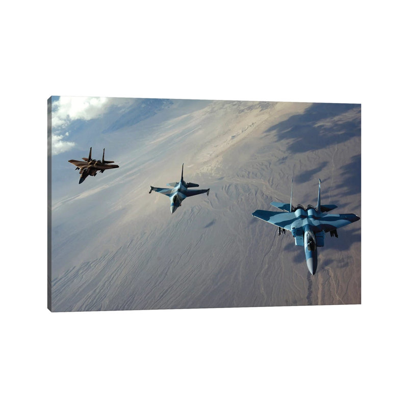 F-15 Eagles And A F-16 Fighting Falcon Fly In Formation - Wrapped Canvas Print, 20.32 cm H x 30.48 cm W