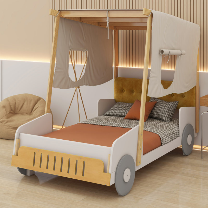 Lit voiture en bois avec coussin, toile de plafond, Lit simple