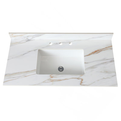 43 Inch Marble Vanity Top, Bathroom Vanity Top With Undermount Rectangular Middle Sink And 4" Height Backsplash, Pre-Drilled 8 Inch Faucet Hole Spread Vanity Top, Carrara White With Veins