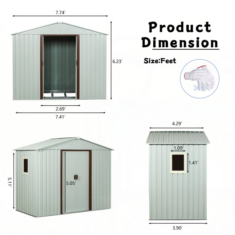 8ft x 4ft Outdoor Metal Storage Shed With window and metal foundation White, White, 74.8" H x 46.85" W x 88.98" D