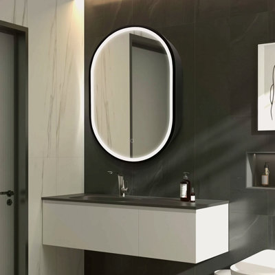 31X21 Inches LED Oval Black Metal Framed Wall Mount Bathroom Medicine Cabinet With Mirror