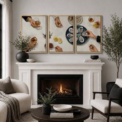 Oyster Cocktail Dinner Table Artwork, Dining Room Pictures, Framed Canvas Giclee Print 3 Pieces Wall Art
