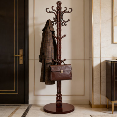 Freestanding Wooden Coat Rack With 14 Hooks, Vintage European Style Entryway Coat Stand, Sturdy Round Base For Hallway, Living Room, Or Office