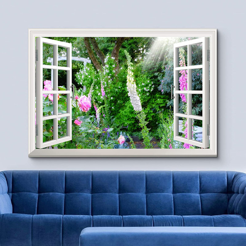 Fenêtre, paysage, fleurs sauvages au printemps, impression sur toile tendue