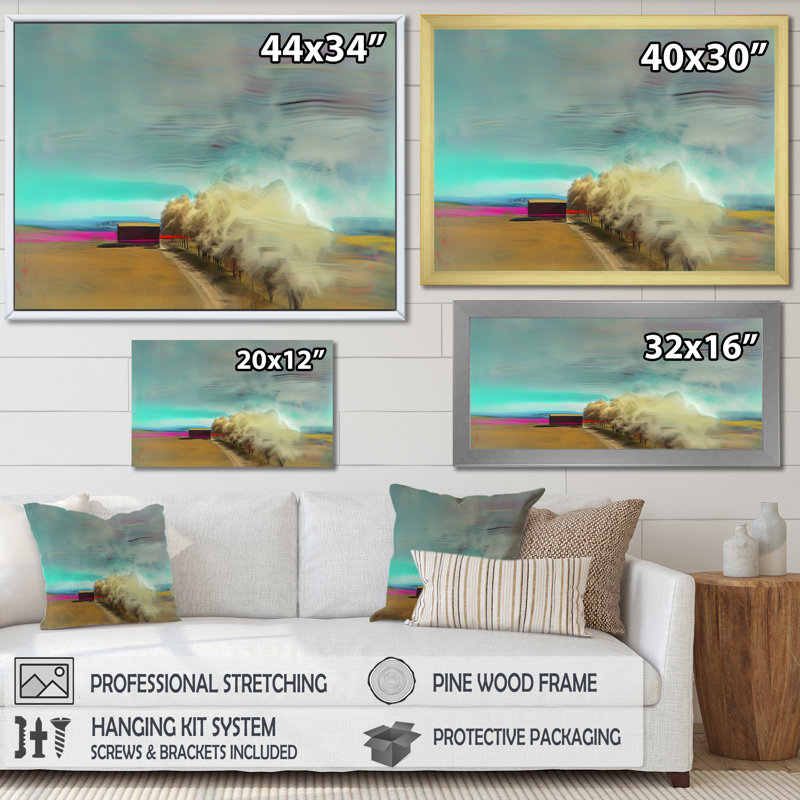 Désert, tempête turquoise, horizon, Encadrement doré, H 16 po x l 32 po x P 1 po