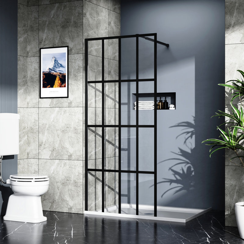 72" High Shower Screen, 34" Wide, Black, Tempered Glass, Robust Support 34x72" Door, Black Aluminum, Easy Setup