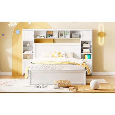 Grand lit en bois avec armoire tout-en-un, tablette et prises, lit gigogne simple TG