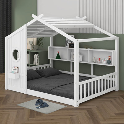 Full Size Wooden Floor House Bed With Storage Shelf, Modern Design Kids Bed Frame With Roof And Window For Bedroom, Wood Slat Support