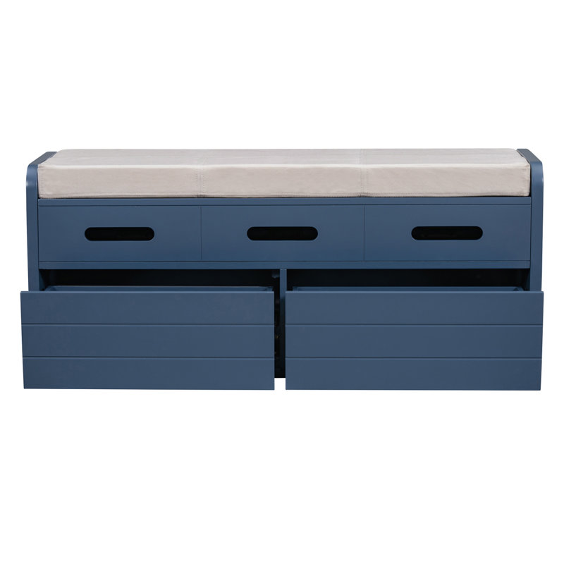Banc de rangement rustique avec 2 tiroirs, espace de rangement caché et 3 faux tiroirs en haut, banc à chaussures, Marine