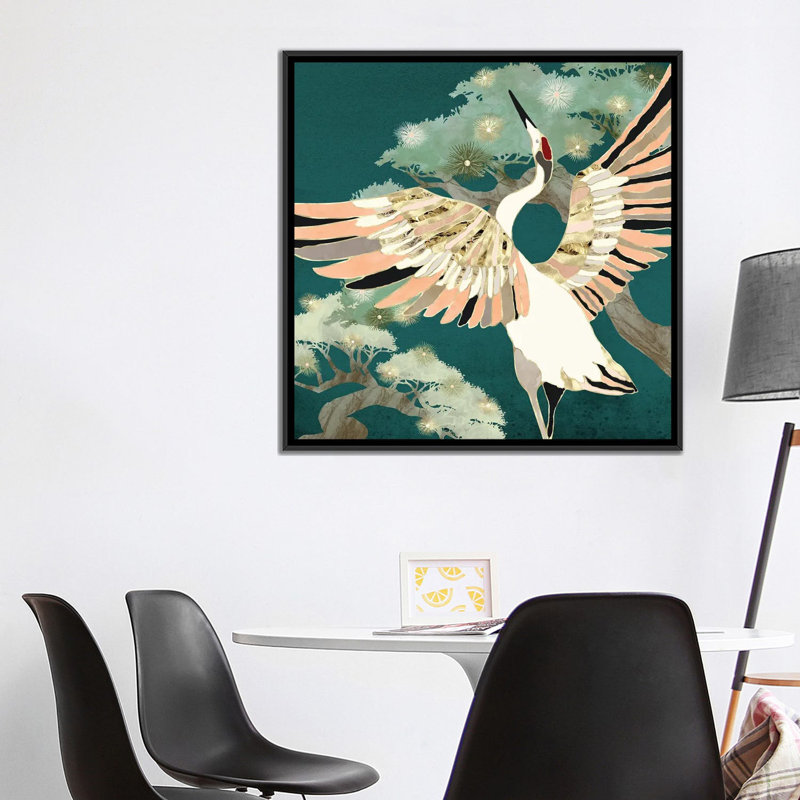 Golden Crane - impression d'art graphique, H 37 po x l 37 po x P 1,5 po, Toile avec cadre noir, Aucun mat