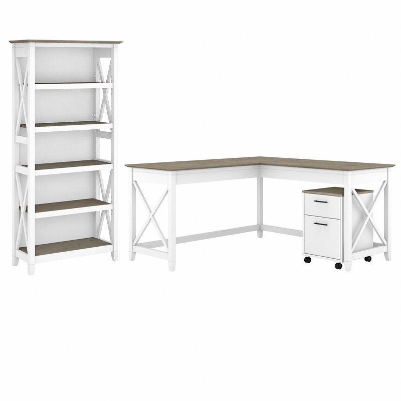 Huckins 3 Piece Credenza Desk Office Set, Shiplap Gray/Pure White