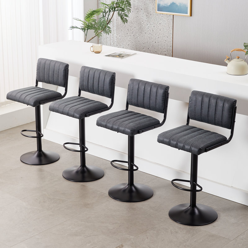 Adjustable PU Leather Bar Stool with Backrest, Footrest & 16" Stable Base, Black
