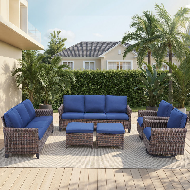 6-Piece Outdoor Patio Wicker Family Conversation Set with Swivel Chairs and Ottomans, Blue