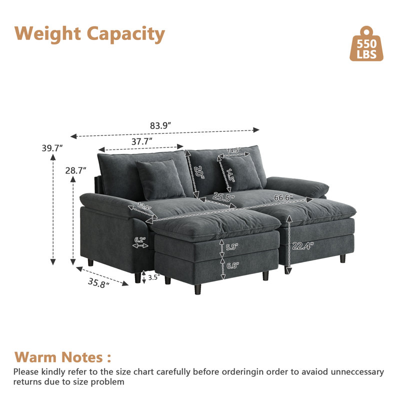 Canapé modulaire en chenille 83,9 po en forme de U, Gris
