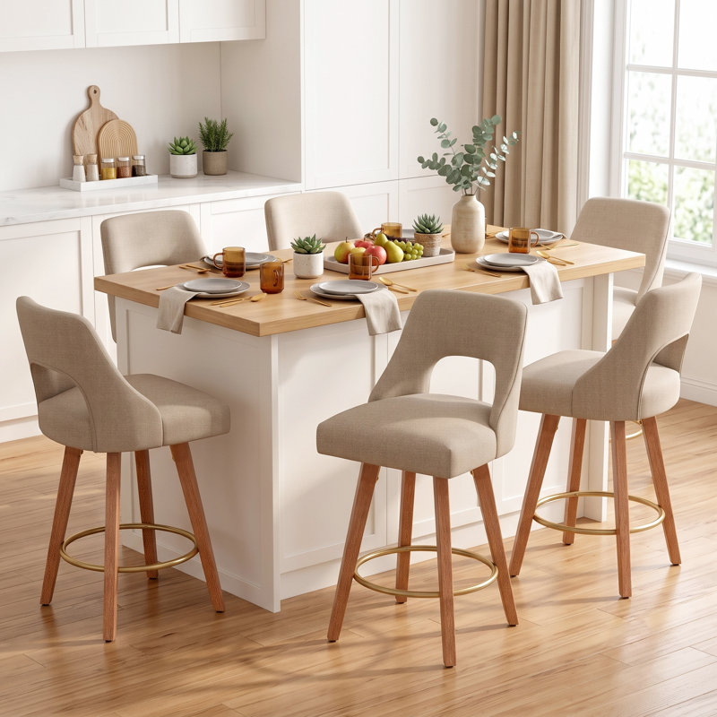 Swivel Linen Upholstered Counter Stool With Solid Wood Frame And Footrest, Tan, 6