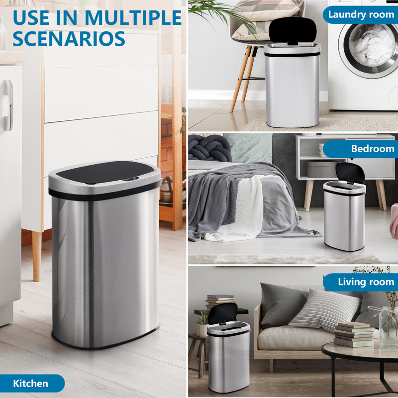 Innovaze 13 Gallon Stainless Steel Touchless Trash Can with Black Lid