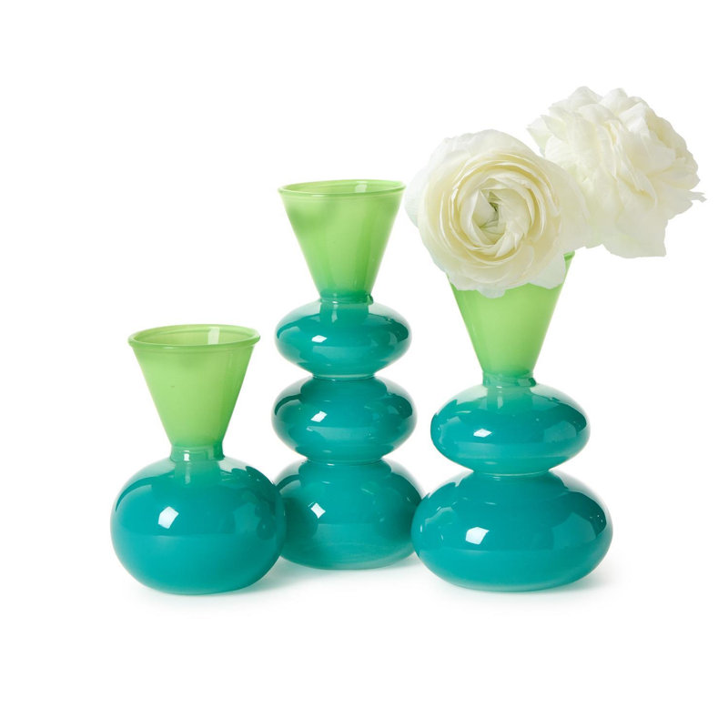 Verre Colorito, ensemble de 3 vases turquoise / vert comprenant 3 motifs