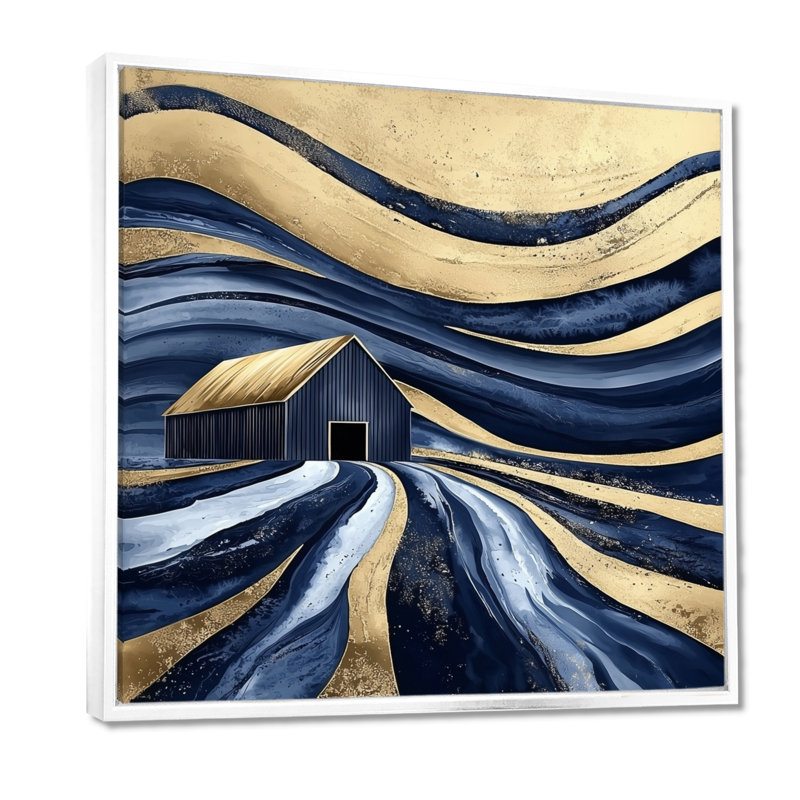 Grange abstraite bleue et or III - Décoration murale de style grange pour salon, 44" H x 44" W, Blanc