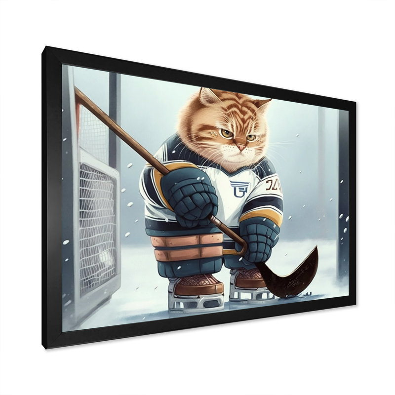 Dessin animé «Hocket Cat on Ice Rink II», impression sur toile, Impression noire sur toile encadrée