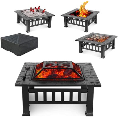 Spencir 32"" Outdoor Fire Pit Table With Grill, Wood Burning Fireplace Bowl -  Red Barrel StudioÂ®, 46BB5B49438D4E4287BF307D79CB23E3