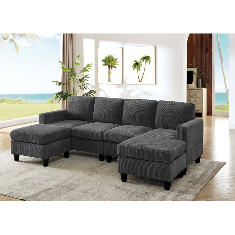 Ranjeeta 101" Wide Modular Sofa with Ottoman, Dark Gray Corduroy