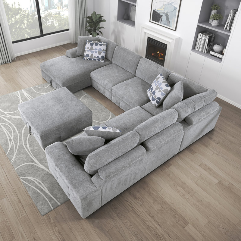 Odesser 5-Piece Chenille Sectional Sofa Sleeper with Chaise and Storage Ottoman, Gray Chenille, Left Hand Facing