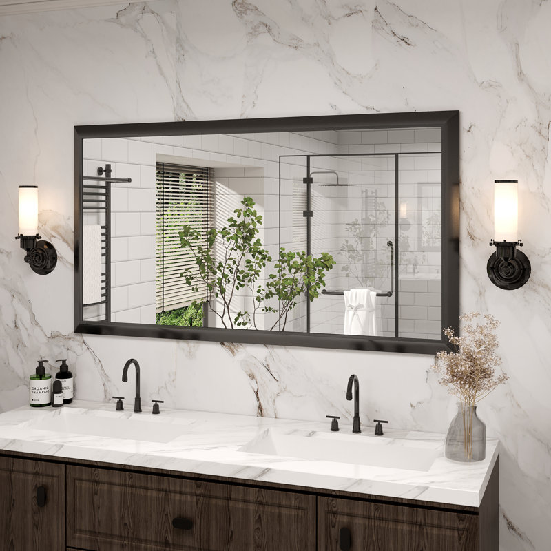 Molly Tempered Glass Metal Beveled Framed Wall Mounted Vanity Rectangular Mirror, 55" x 30", Black